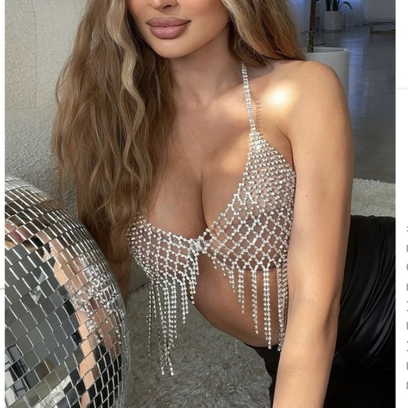 Embellished fringe bra top miss Lola Rhinestones, Fringe Top, Halter Neck - Picture 1 of 9